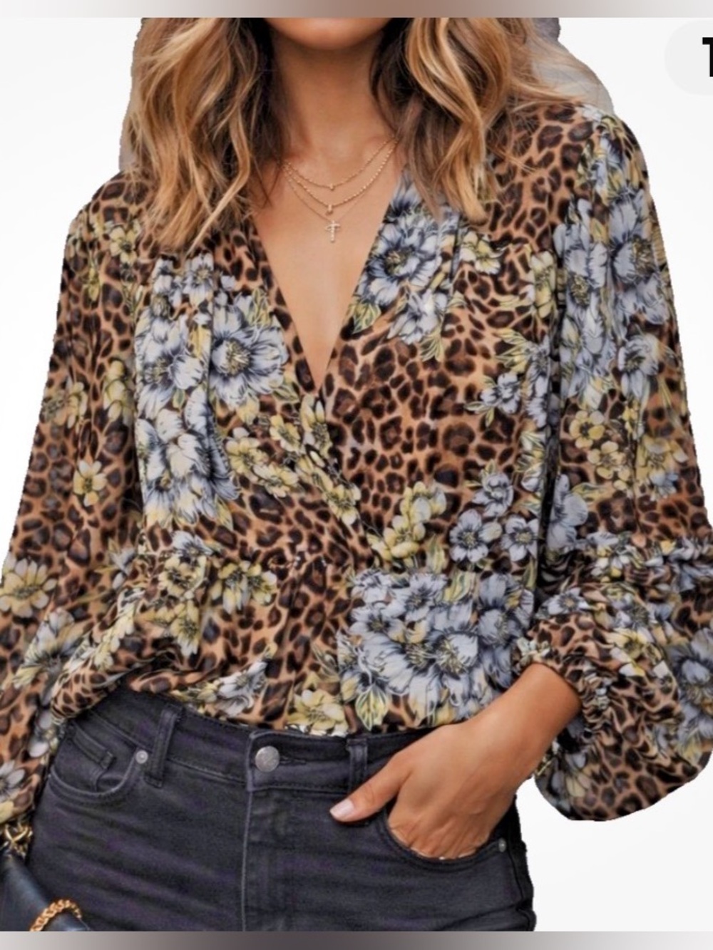 White House Black Market Leopard  Floral Brown Blouse Ruffle Long Sleeves M NWT